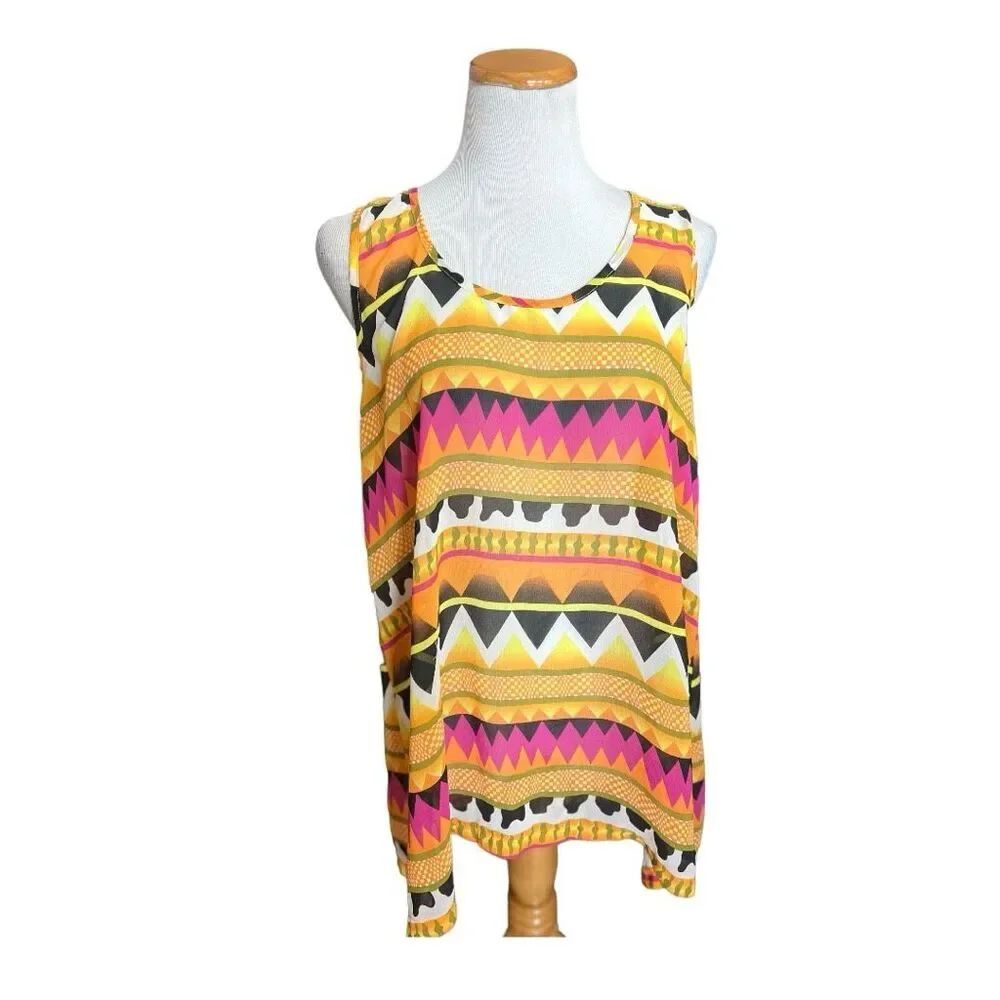 Womens Umgee Aztec Tribal Zipper Back Flowy Tank Top - Sz L